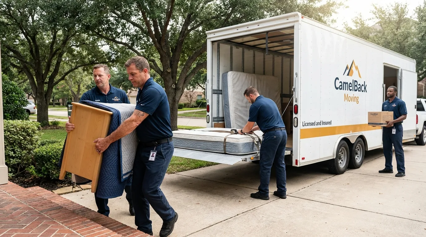 Crew loading residential truck for cross-state move from Michigan City, IN