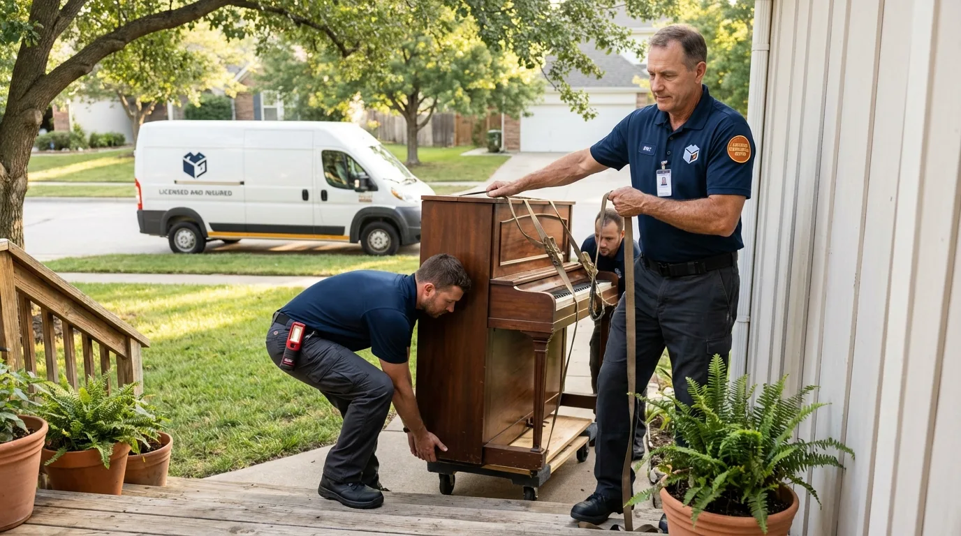 Licensed piano movers securing grand piano in Michigan City, IN