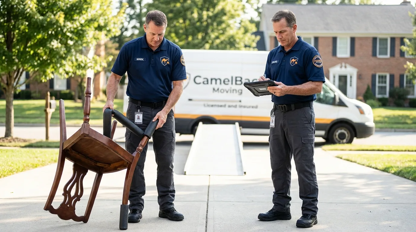 Movers inspecting furniture for damage prevention before loading in Michigan City, IN