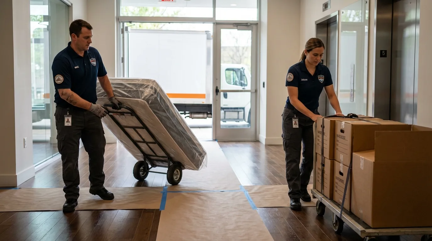 Professional apartment movers loading elevator in Michigan City, IN