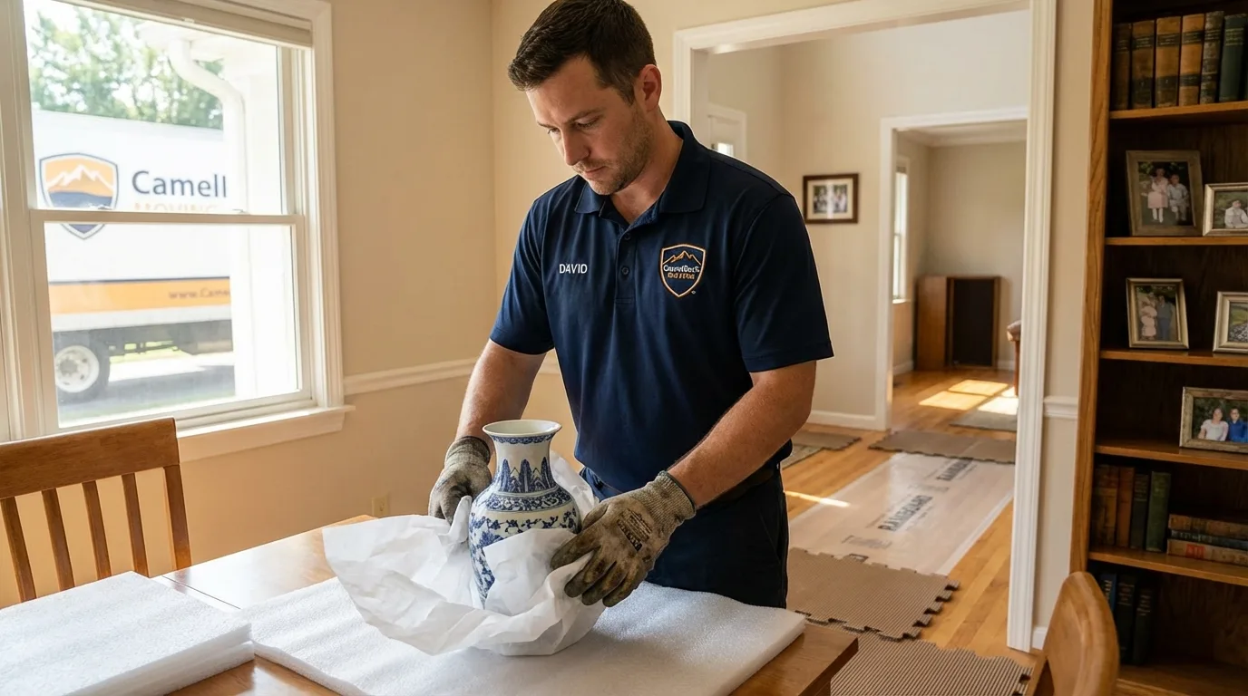 Professional crew carefully wrapping antique vase for senior downsizing move in Michigan City, IN